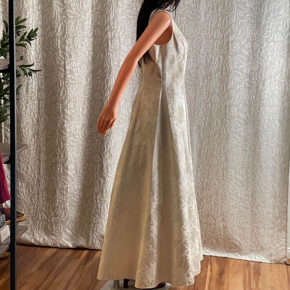Vintage 90s Scott McClintock Ivory Metallic Jacquard Wedding Gown Prom Dress 10 - Picture 5 of 8